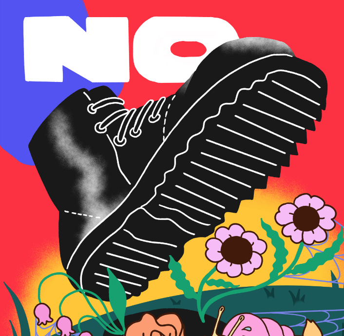 a snippet of Calev's No Cops at Pride risograph poster. There is a the word 'NO' in caps lock in white colour and an illustration of a foot with a black boot stepping on a garden