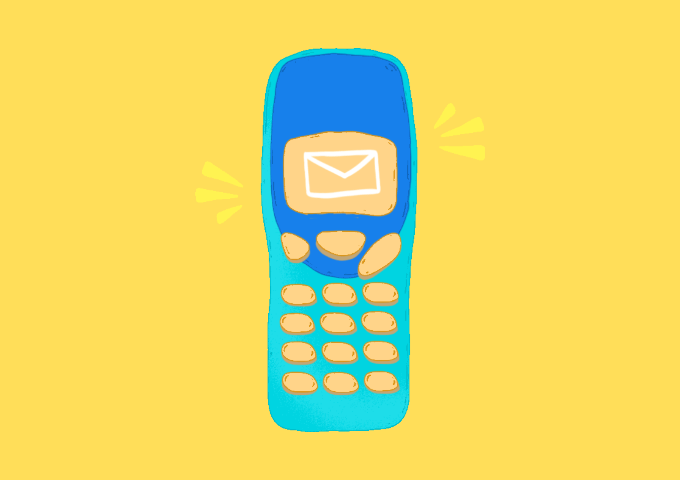 A digital drawing of old-school mobile phone with keypad in blue, turquoise and yellow. There is an envelope on the phone's screen and action lines on either side of the phone to indicate a message alert. The background is yellow.