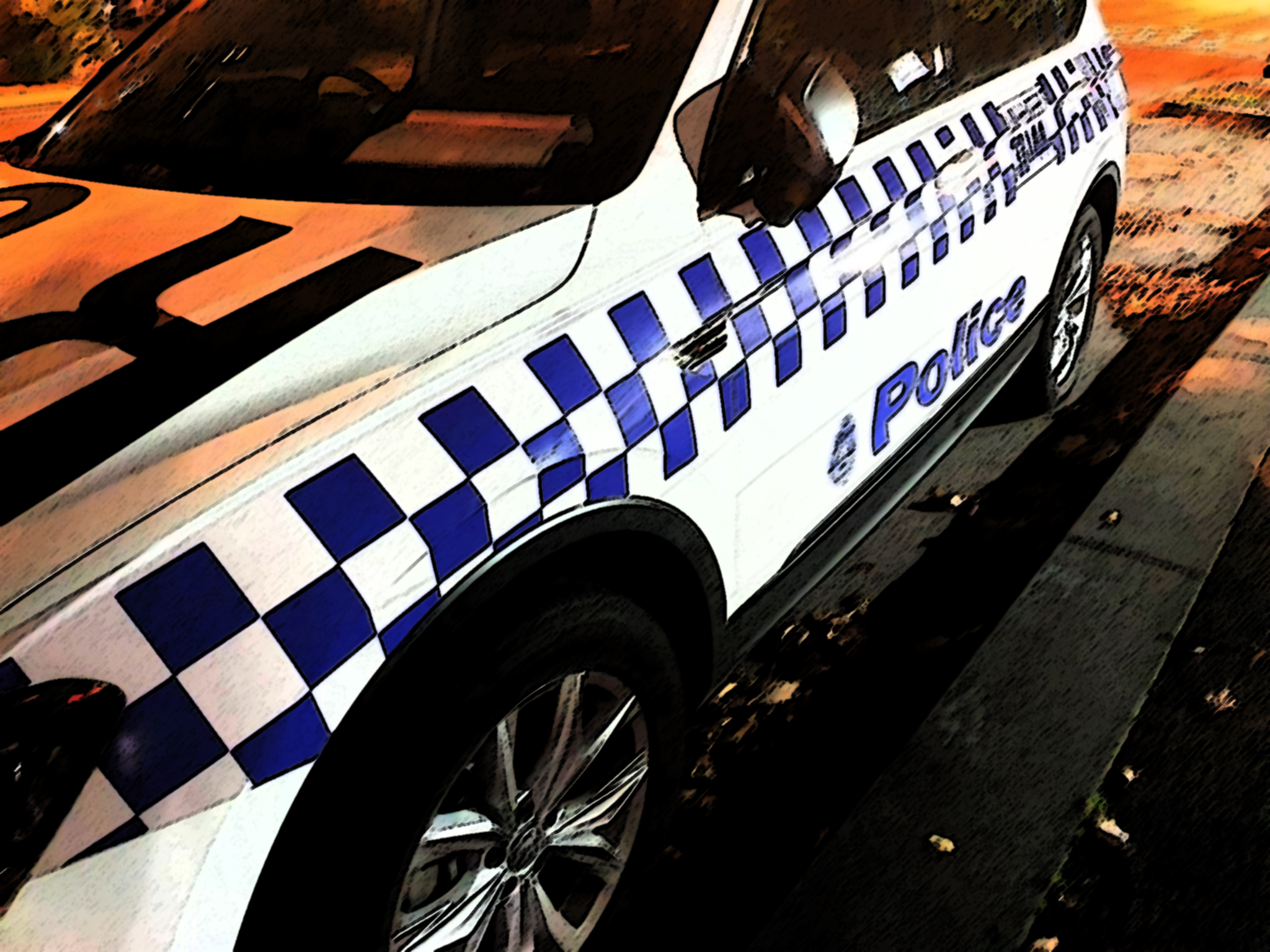 A white police car featuring the distinctive dark blue check pattern is parked next to a dark grey kerbside under orange street lights. Dark blue text on the side of the car reads Police