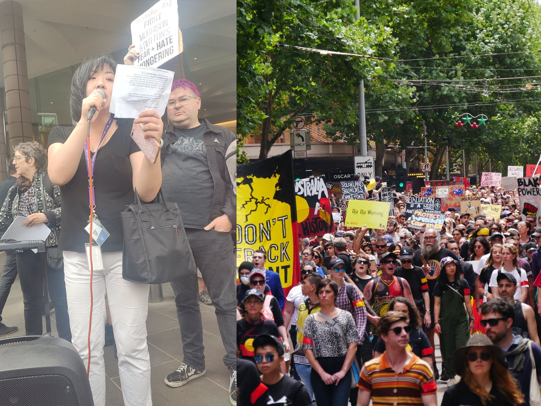 Shan Windscript speaking on left, Invasion Day protest 2020 in Melbourne in the streets, on right