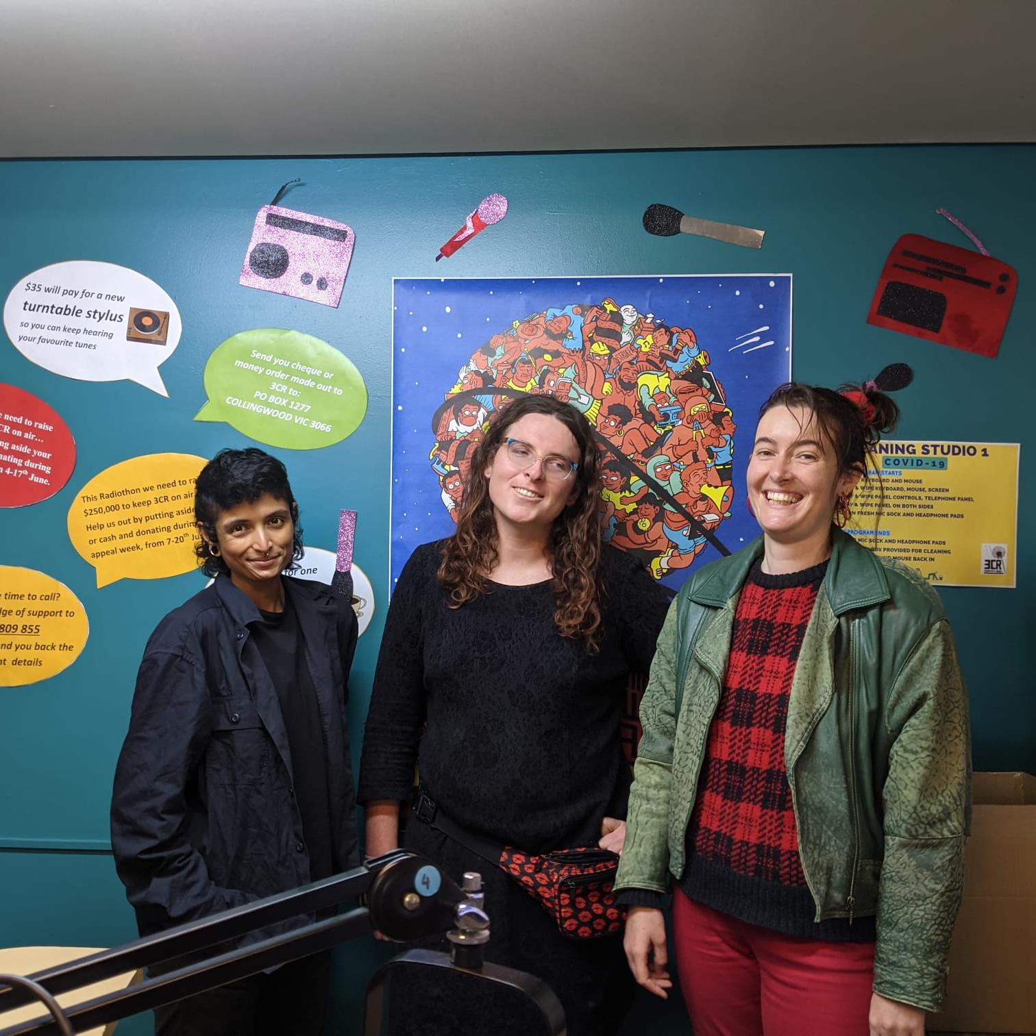 Priya, Iris and Emma in the 3CR studio