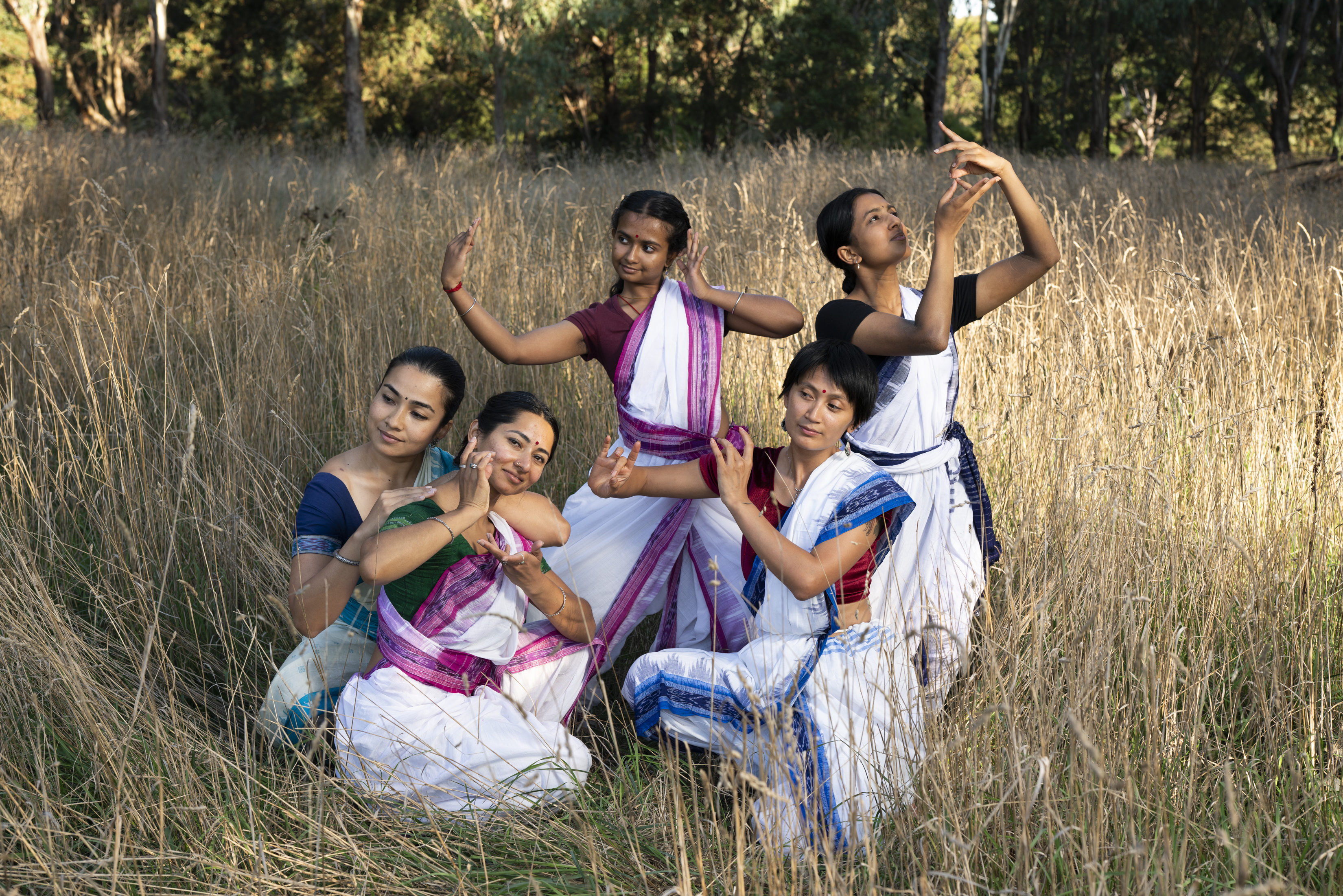 five Odissi dancers are wearing white sarees and posing in a field of wheat