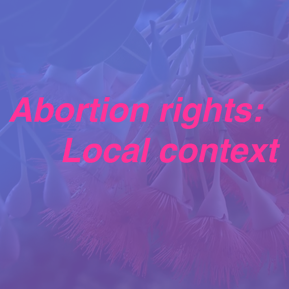 Bright pink text over a purple background with soft red eucalytus flowers. The text reads "Abortion rights: local context"