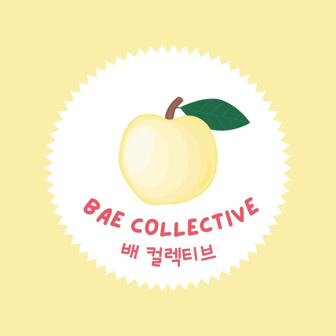 a creamy pale yellow background with a white serrated circle in the middle. In the middle of the white circle is a painted yellow pear with red text underneath that reads 'Bae Collective 배 컬렉티브' 