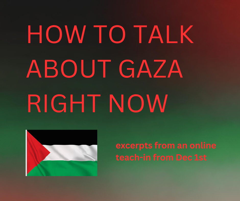 Red text reading "How to talk about Gaza right now: excerpts from an online teach-in" above a Palestinian flag over a red, green, white and black gradient background