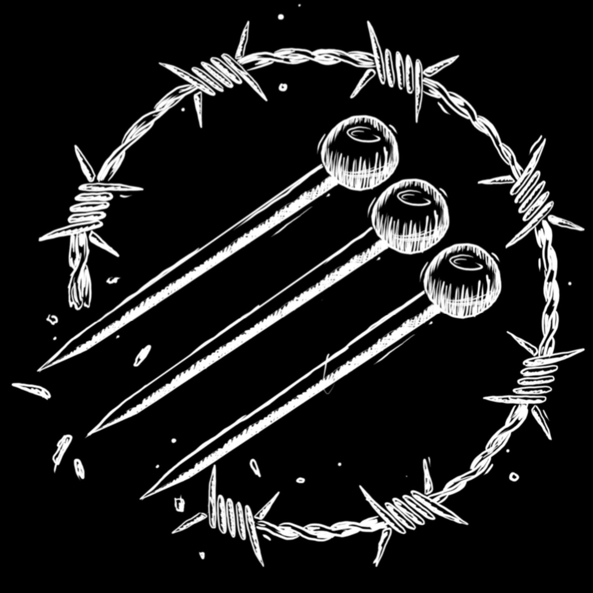 A circular logo in featuring a white screen print style illustration on black background showing three knitting needles pointing down diagonally from top right to left, breaking through a circle of barbed wire