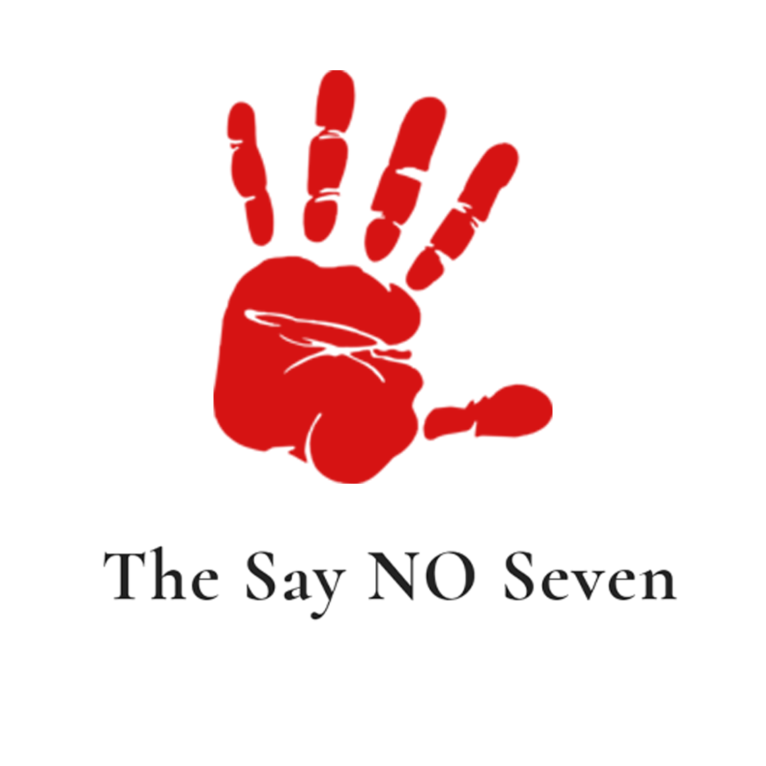 The Say NO Seven, with a red painted handprint