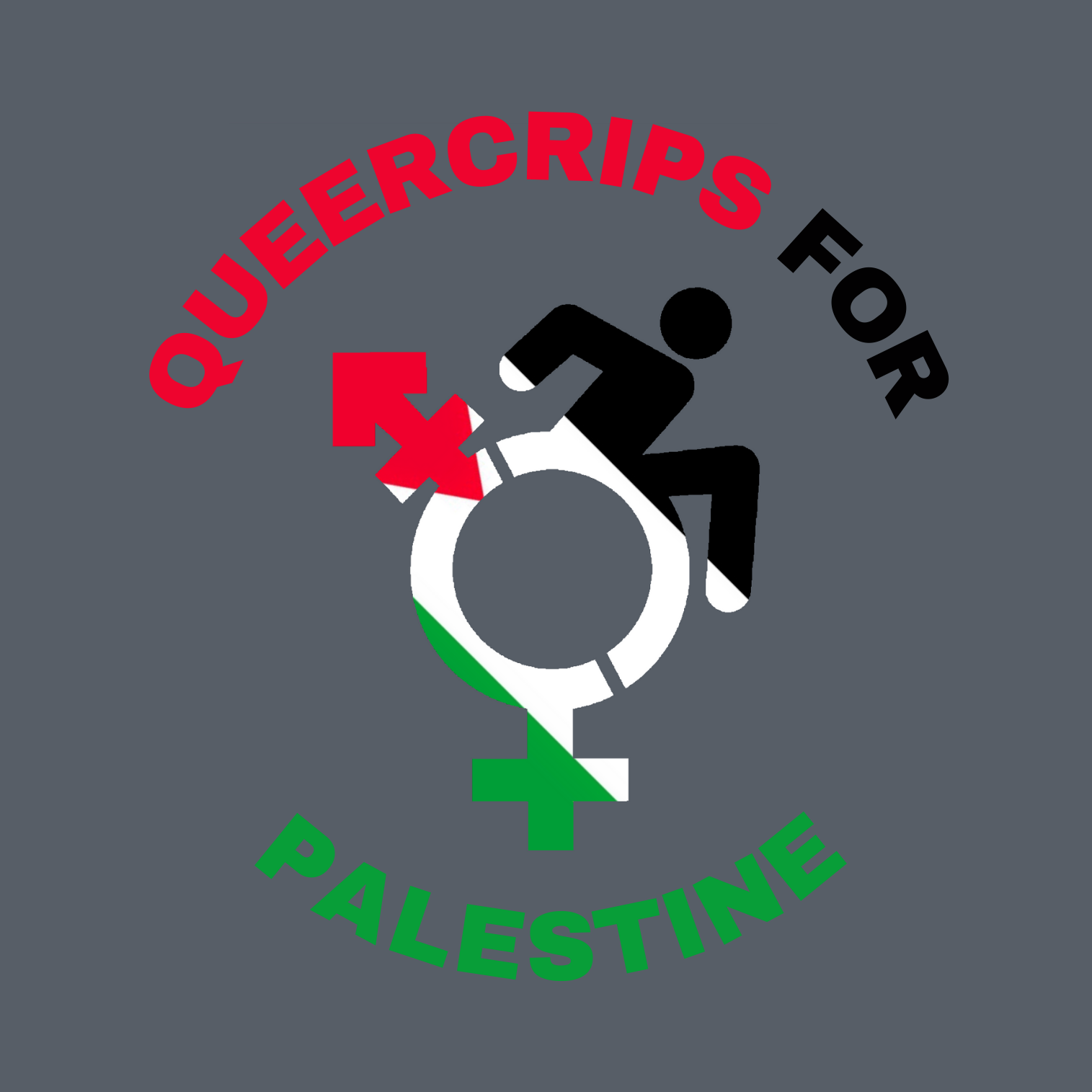 a digital graphic by Sky Cubacub of @RebirthGarments that says “Queercrips for Palestine”, where the words are each in red, black and green. In the center is a QueerCrip symbol which is a mashup of the newer accessibility icon and the trans symbol ( Queercrip symbol designed in 2016 also by Sky). This Queercrip symbol has a Palestinian flag filling in the symbol diagonally