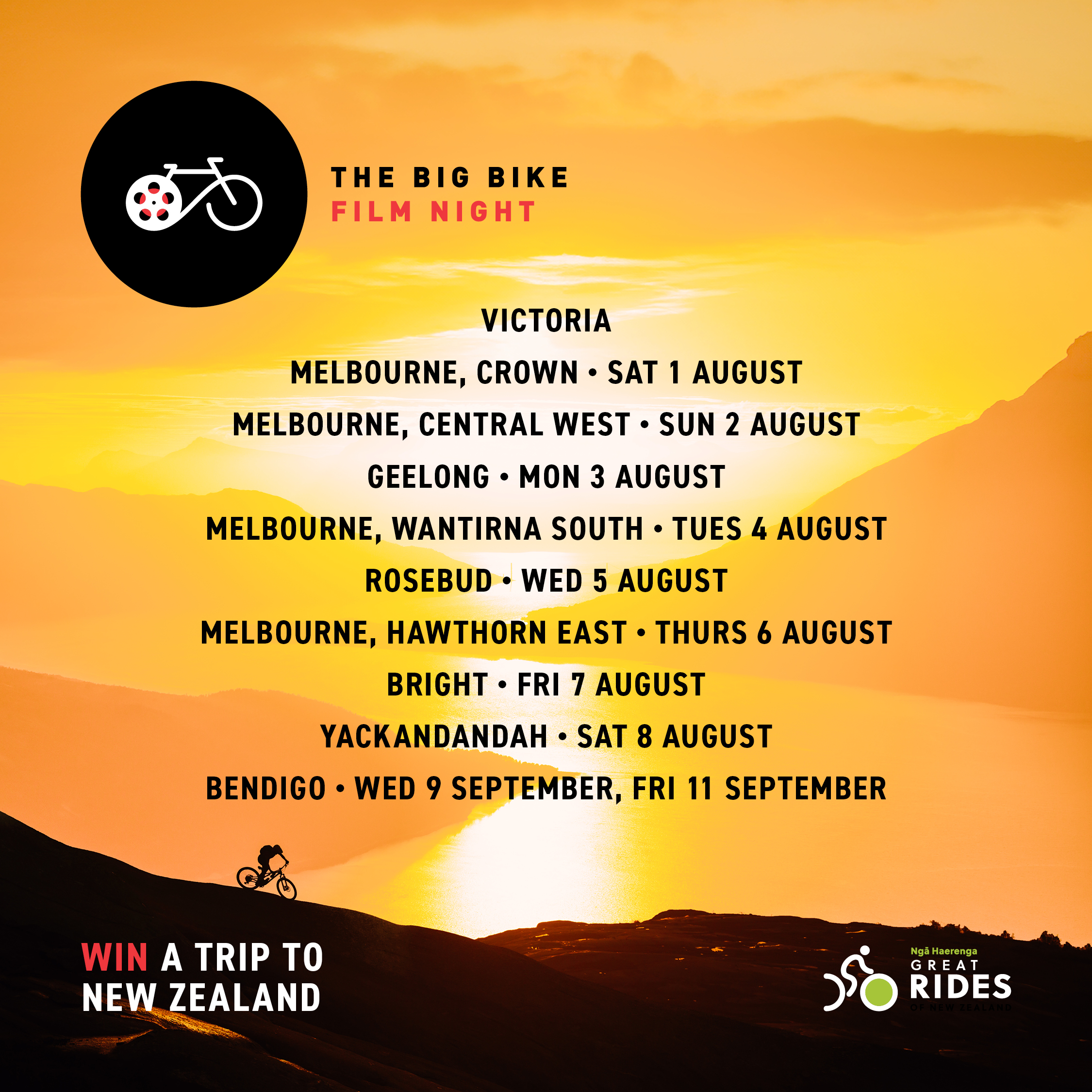 Victoria screening dates, Big Bike Film Night 2026.