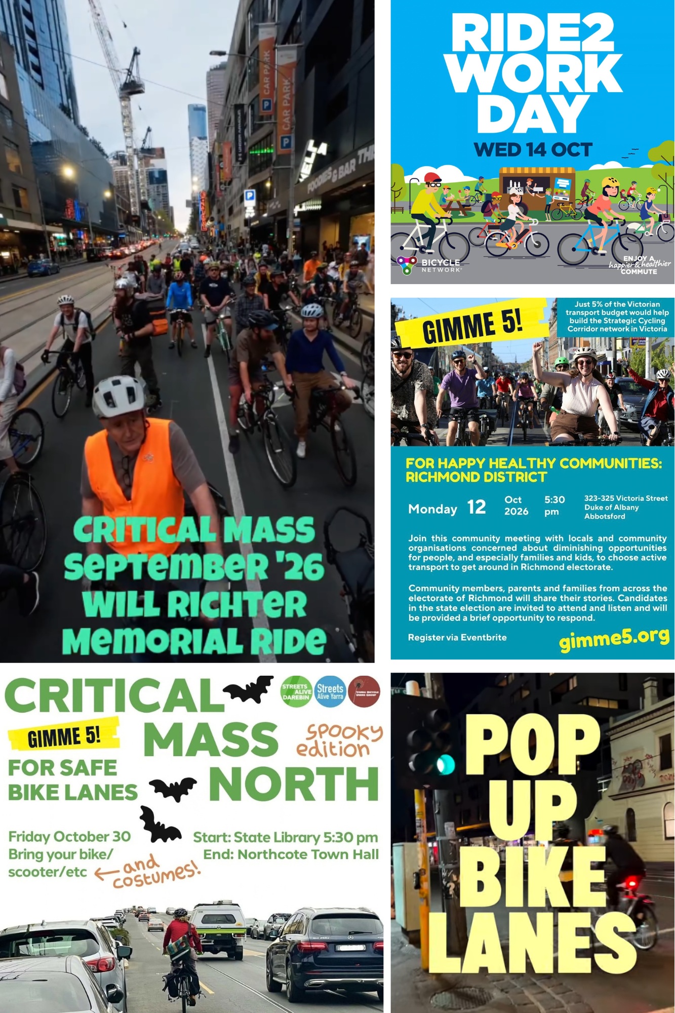 City of Melbourne, G Line, Pop up bike lanes, Will Richter memorial ride speeches, Gimme 5, Ride2Work Day & more. Images supplied.