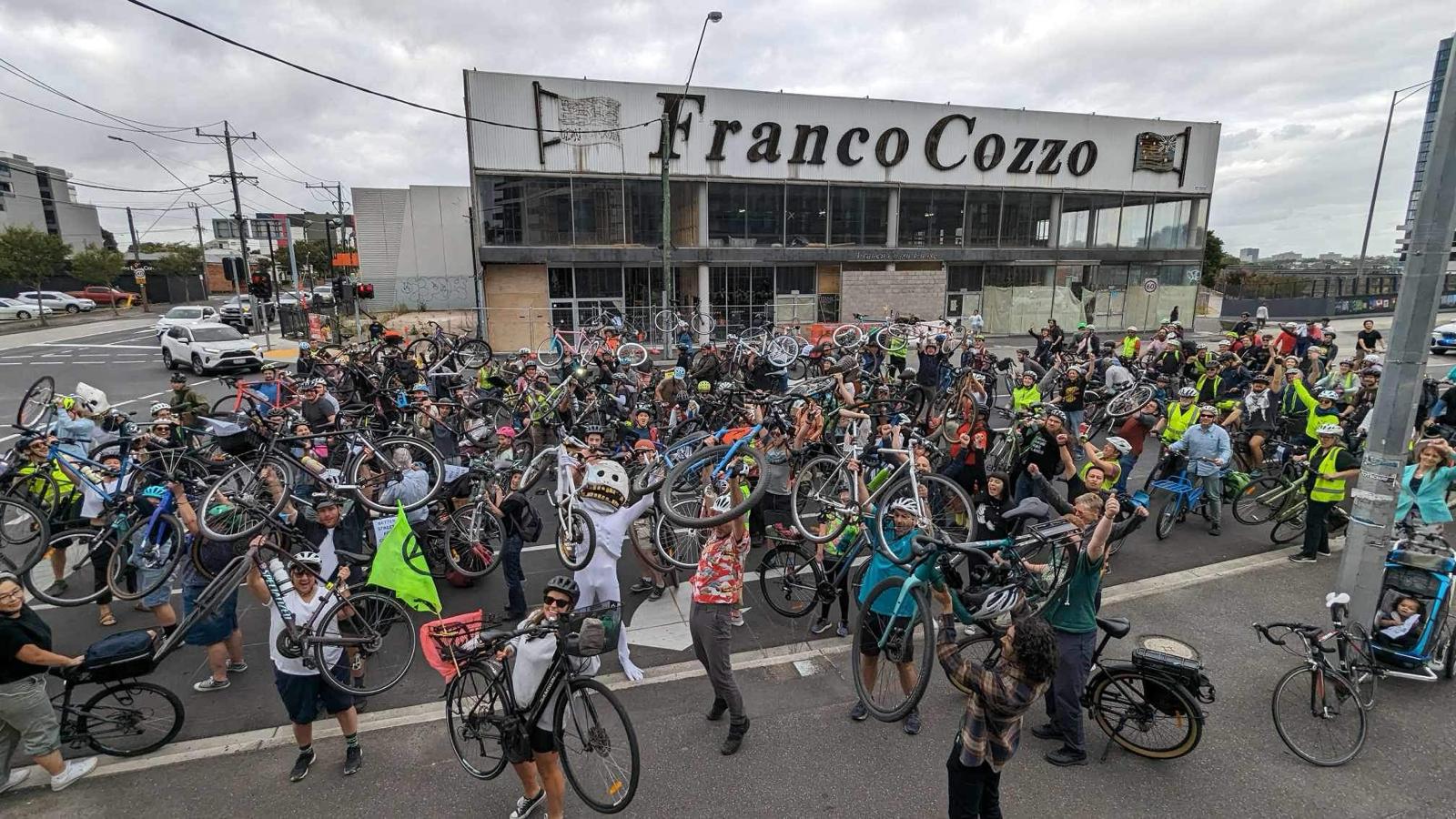 Critical Mass bike lift outside Franco Cozzo, Hopkins Street Footscray, 23 February 2024. Credit: Freya Clough Good