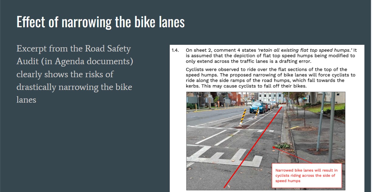Effect of narrowing the bike lane: slide seven from 'Councillor vs. Officer Plans' from Jeremy Lawrence, Streets Alive Yarra, see link to presentation below
