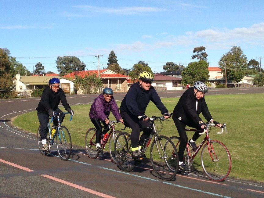 Iris Dixon (in the purple jacket) rides with the Golden Oldies at Preston Velodrome 2013