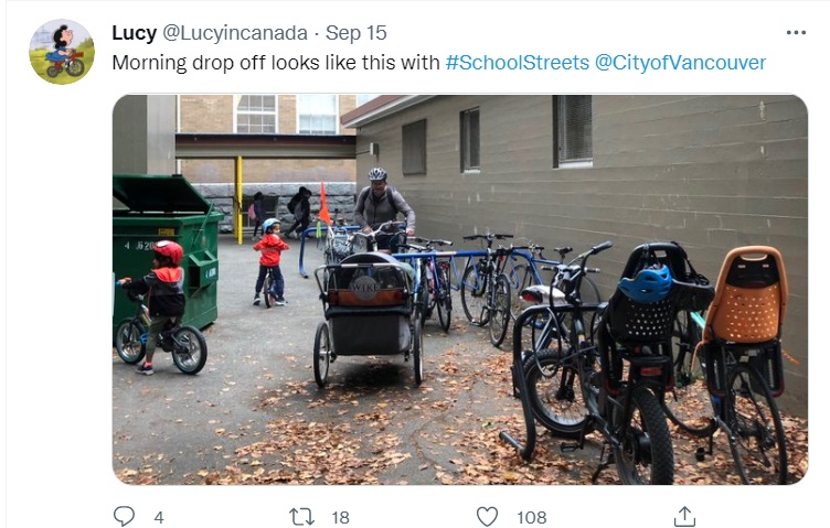 Credit: @Lucyincanada 'Morning drop off looks like this with #SchoolStreets  @CityofVancouver'