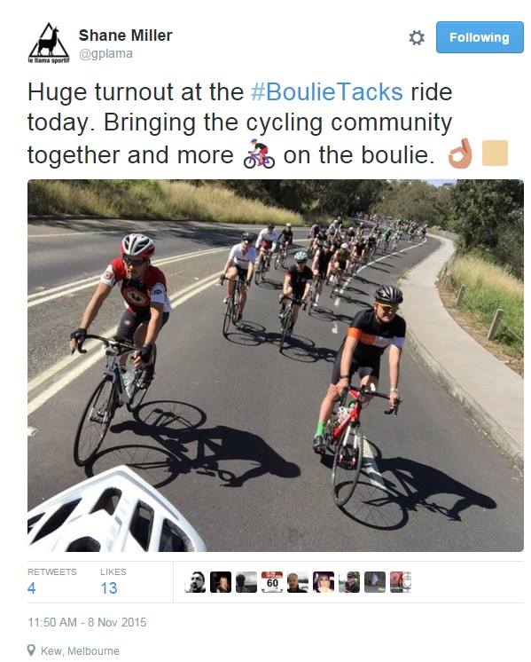 "Huge turnout at the #BoulieTacks ride today. Bringing the cycling community together and more on the boulie" Photo credit: https://twitter.com/gplama/status/663156543362207744