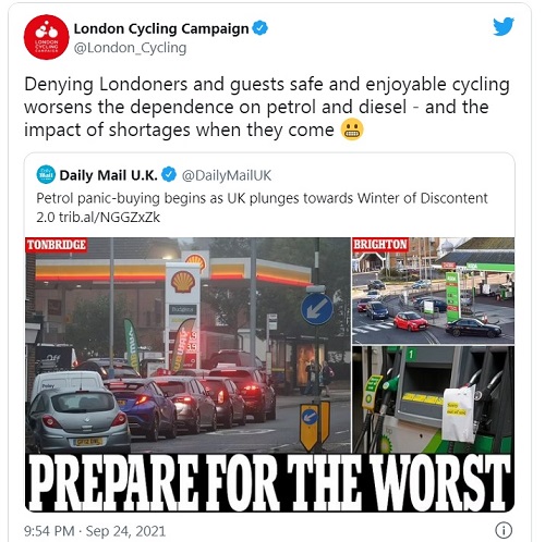 'Denying Londoners and guests safe and enjoyable cycling worsens the dependence on petrol and diesel - and the impact of shortages when they come'