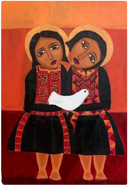 Two Gazan children holding to each other and embracing a white pigeon