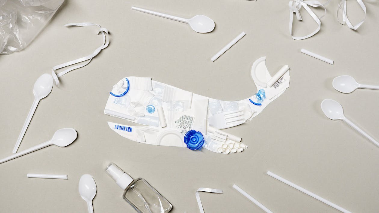 An image of a whale comprised of plastics waste products