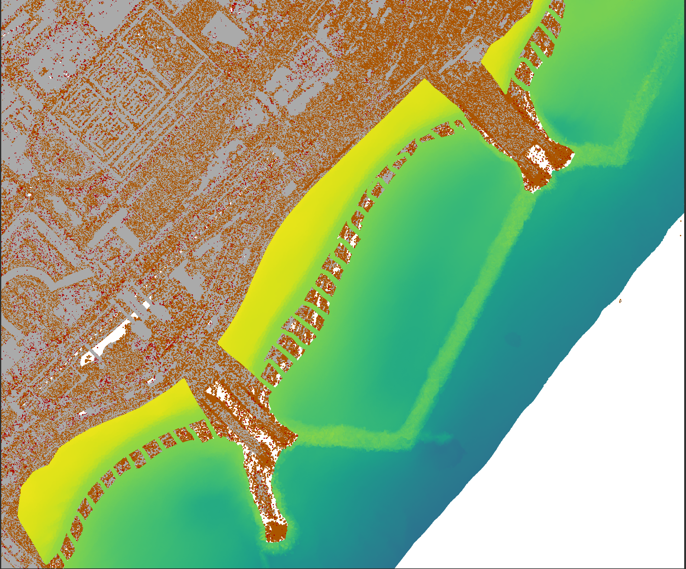 A bathymetric image of the coast of Barcelona. It depicts a map of the seafloor along Barcelona's coast, in colours of orange, yellow, green and blue.