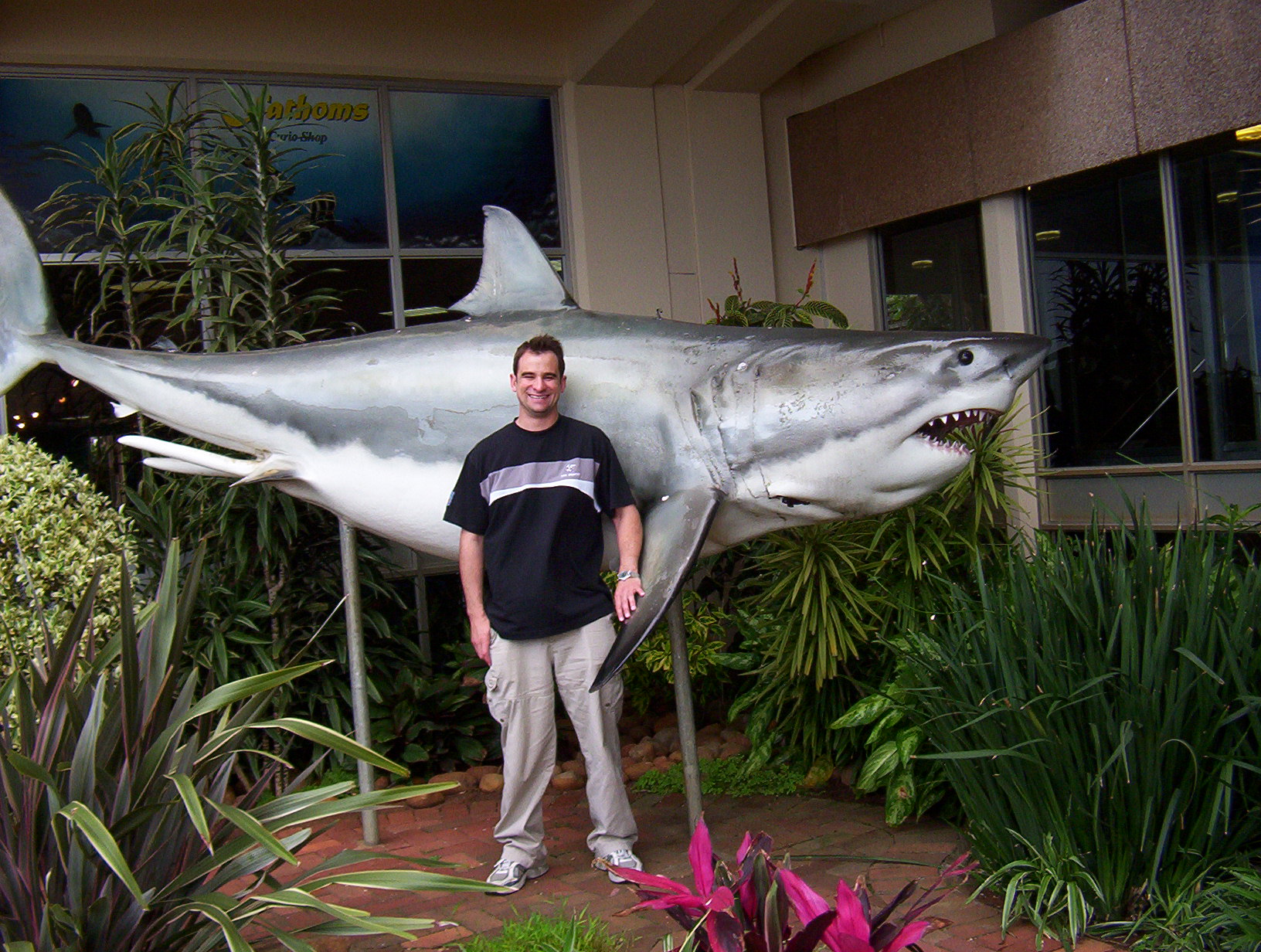 The presenter with a model of a male great white shark at the entrance to the Natal Sharks Board, South Africa