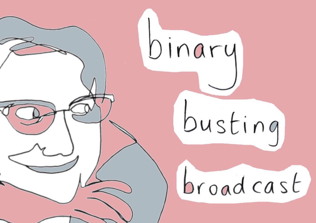 Illustration of a non-binary person on a pink background with the words 'binary busing broadcast'.