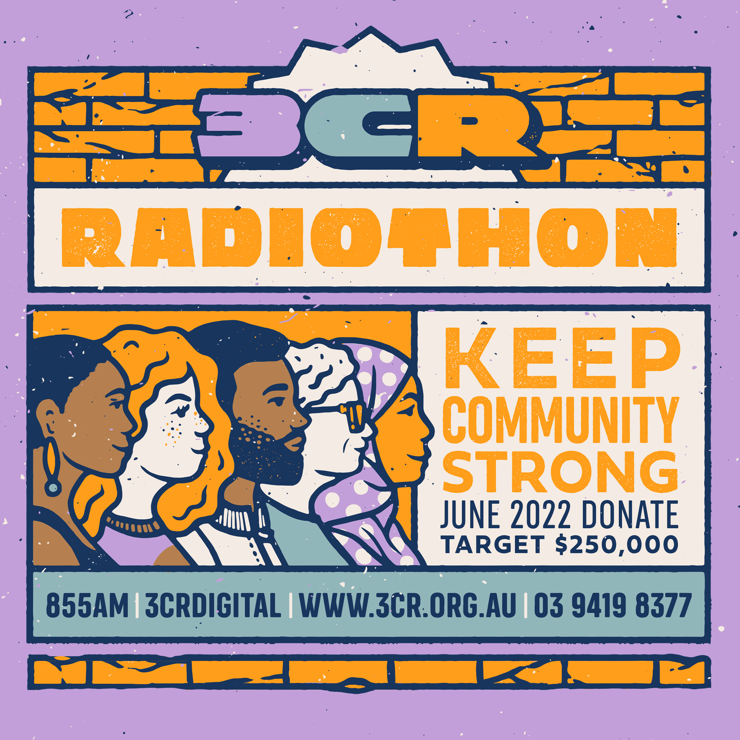 3CR Radiothon promotional graphic, featuring a digital drawing of five people of different skin tones and hair colours, one wearing a hijab, facing a panel which reads 'keep community strong'. The graphic includes 3CR's station contact details.