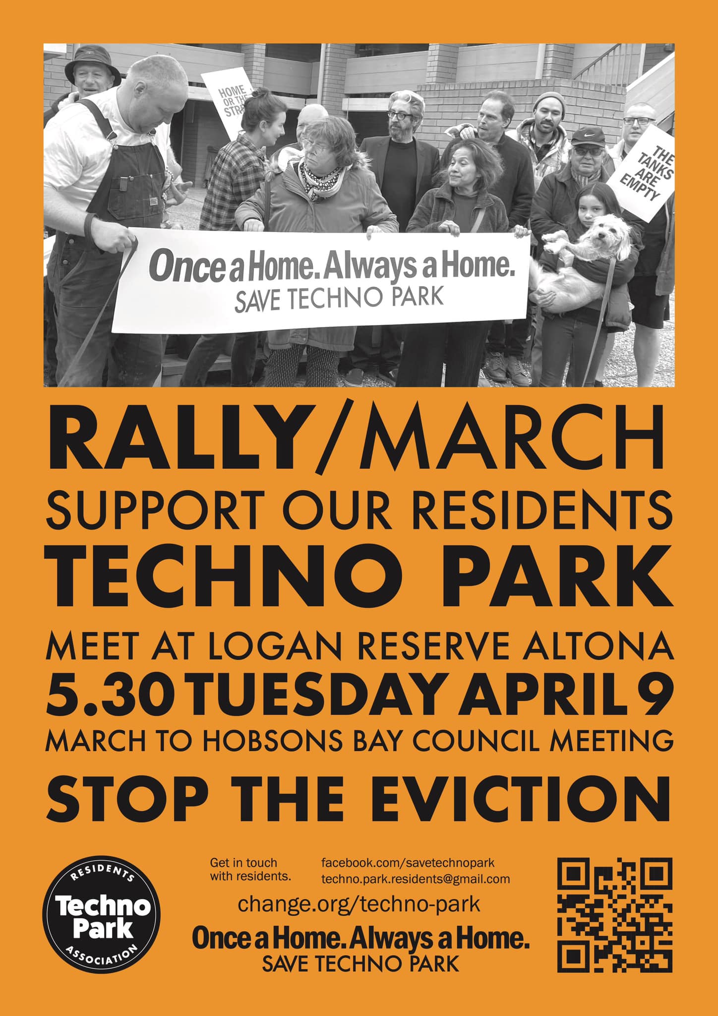 Save Techno Park Rally and March information flyer for action on Tuesday April 9 at 5:30PM meeting at Logan Reserve Altona and marching to Hobsons Bay Council to stop the evictions of techno park residents.