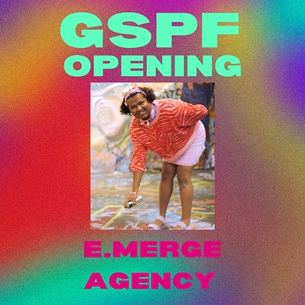 Gertrude Street Projection Festival Opening e.merge agency picturing Jaanu. Colourful rainbow background with Jaanu pictured wearing a pink outfit while smiling. Green text read GSPF opening and pink text below picture read e.merge agency. 