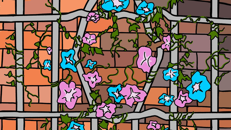 A digital painting of a grey metal fence in front of an orange, brown and grey brick wall. The bars of the fence have been pulled to either side in the middle of the image and are cracked in places. Vines laden with pink and white and blue and white flowers are wrapped around the fence bars.