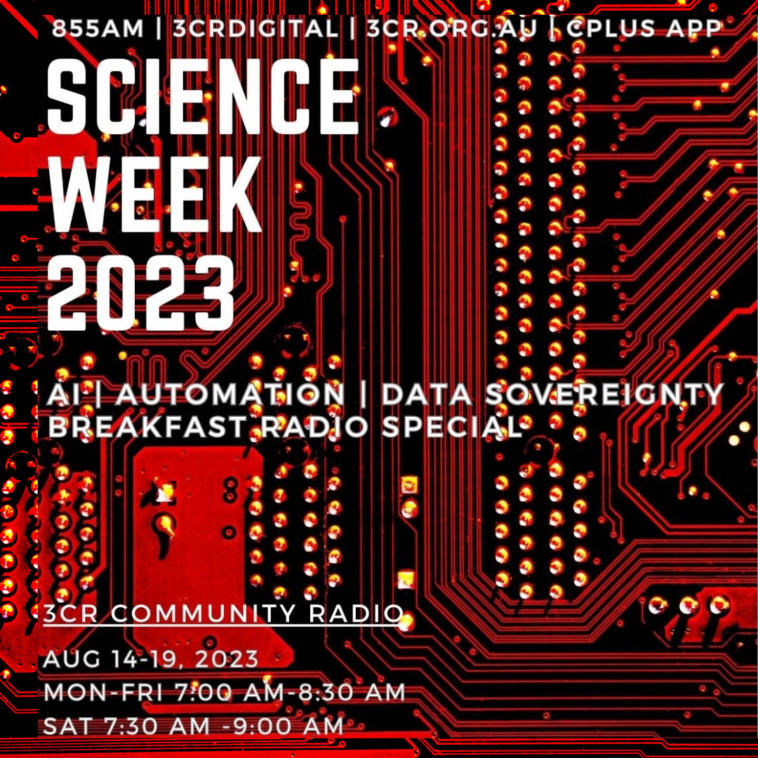 Red and black image of digital pathways, with the words science week 2023
