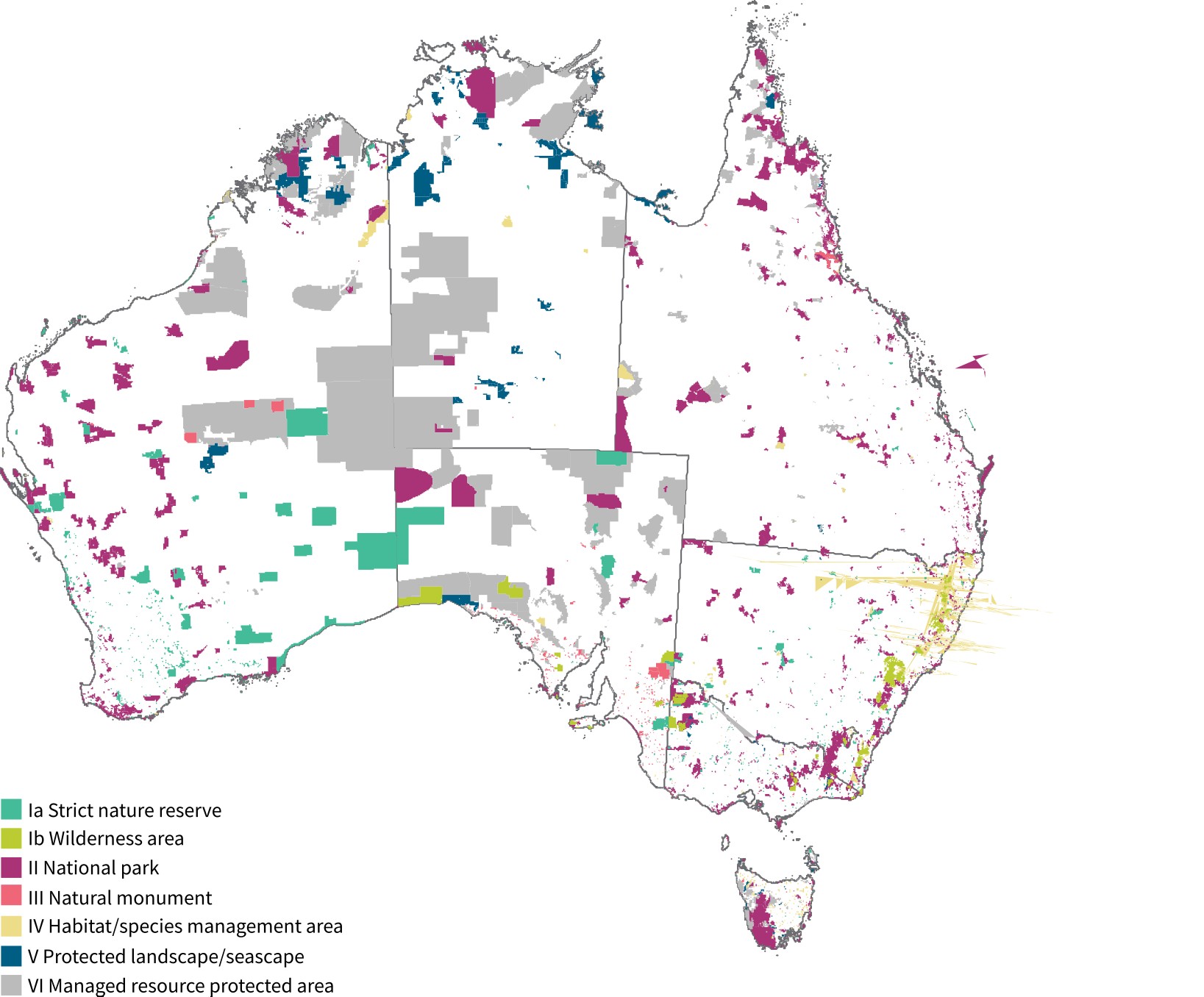 A digital image of the current terrestrial protected area estate across Australia represented in different colours on a map of the continent, published in the State of the Environment 2021 report.
