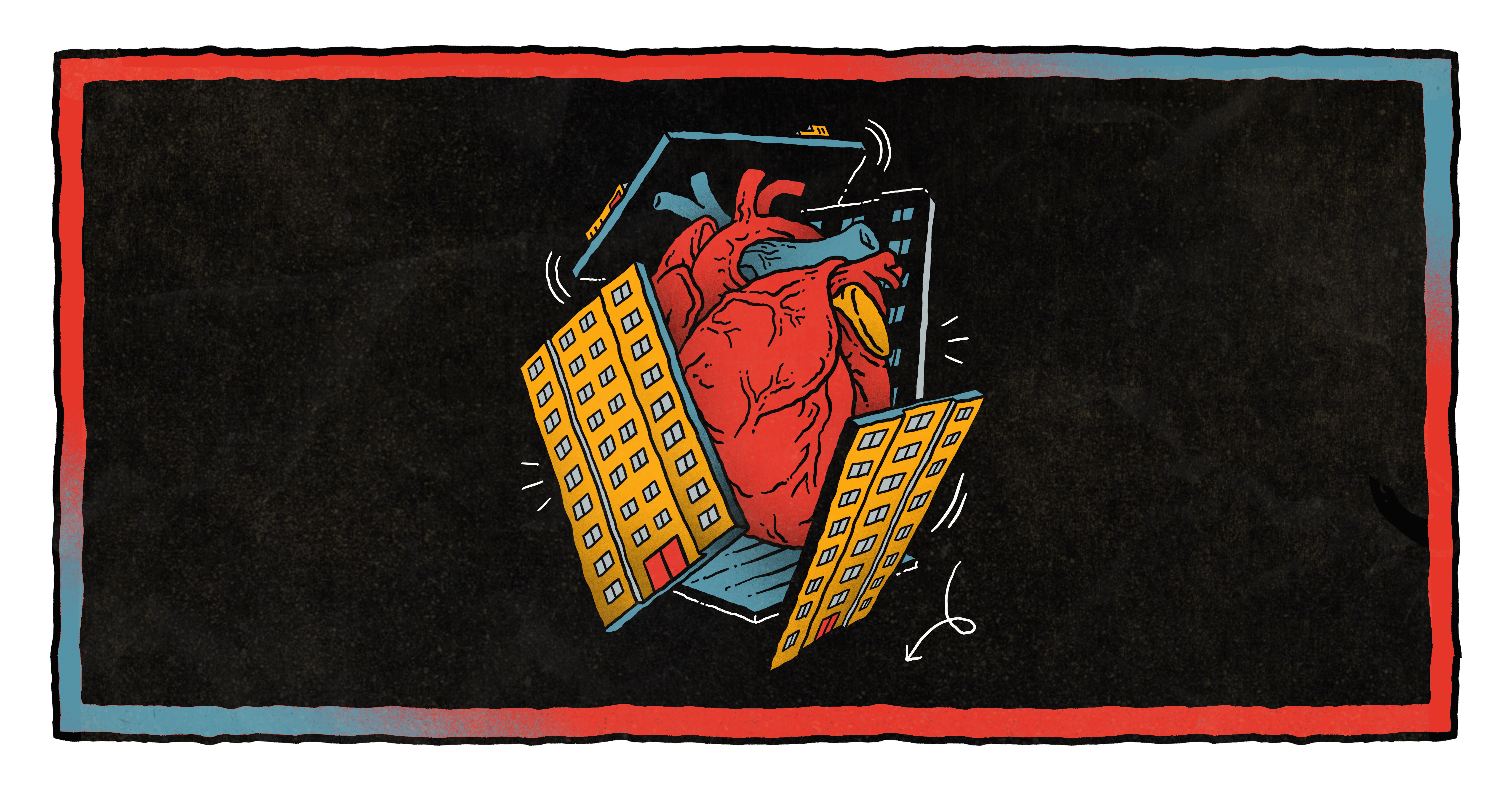 Artwork of a heart bursting out of a high-rise public housing building.