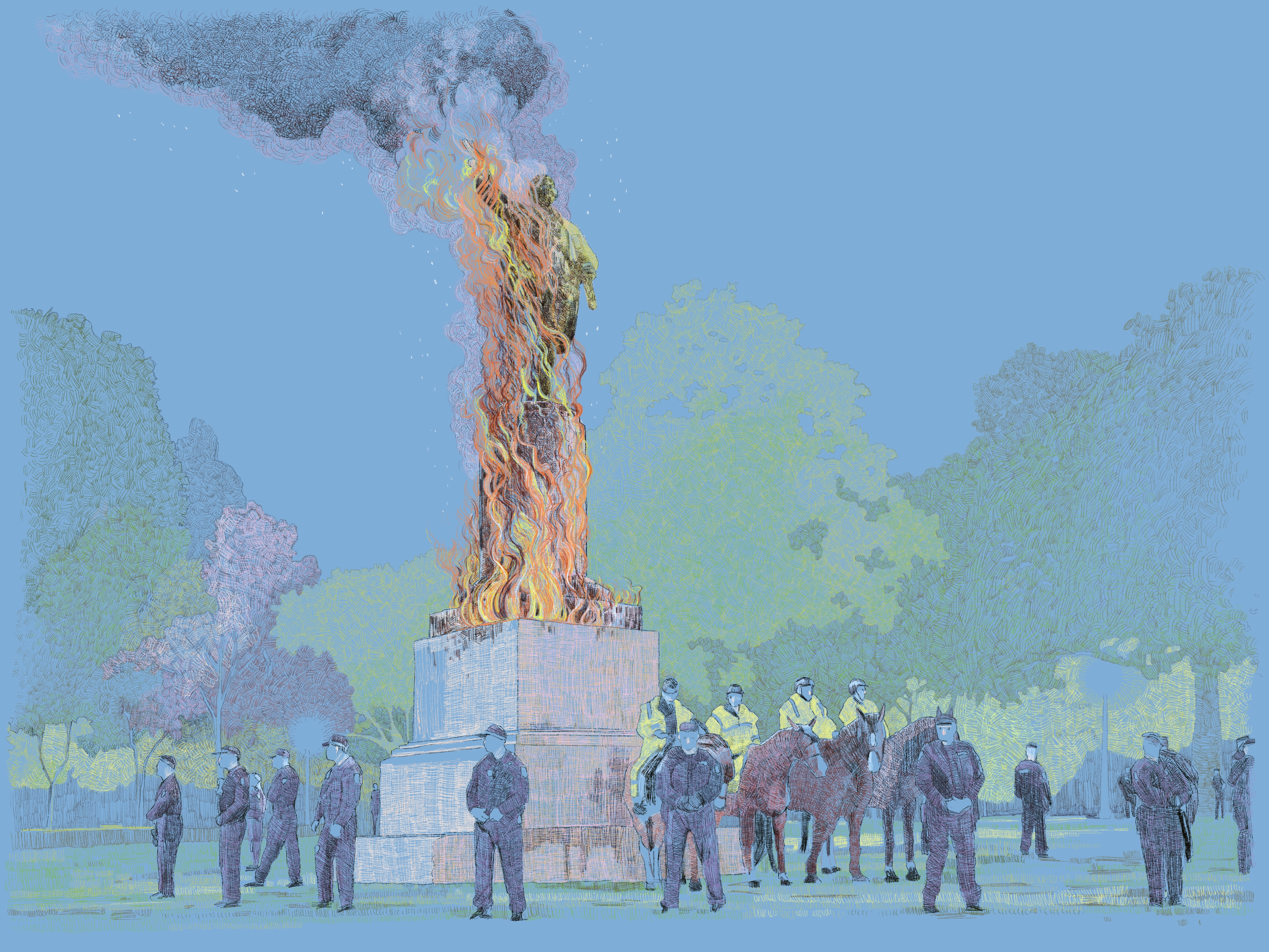 A sketch of the Captain Cook statue in Sydney's Hyde Park surrounded by standing and mounted police, based on scenes from the 2020 Black Lives Matter rallies. The statue of Cook is burning, with black smoke rising from the flames.