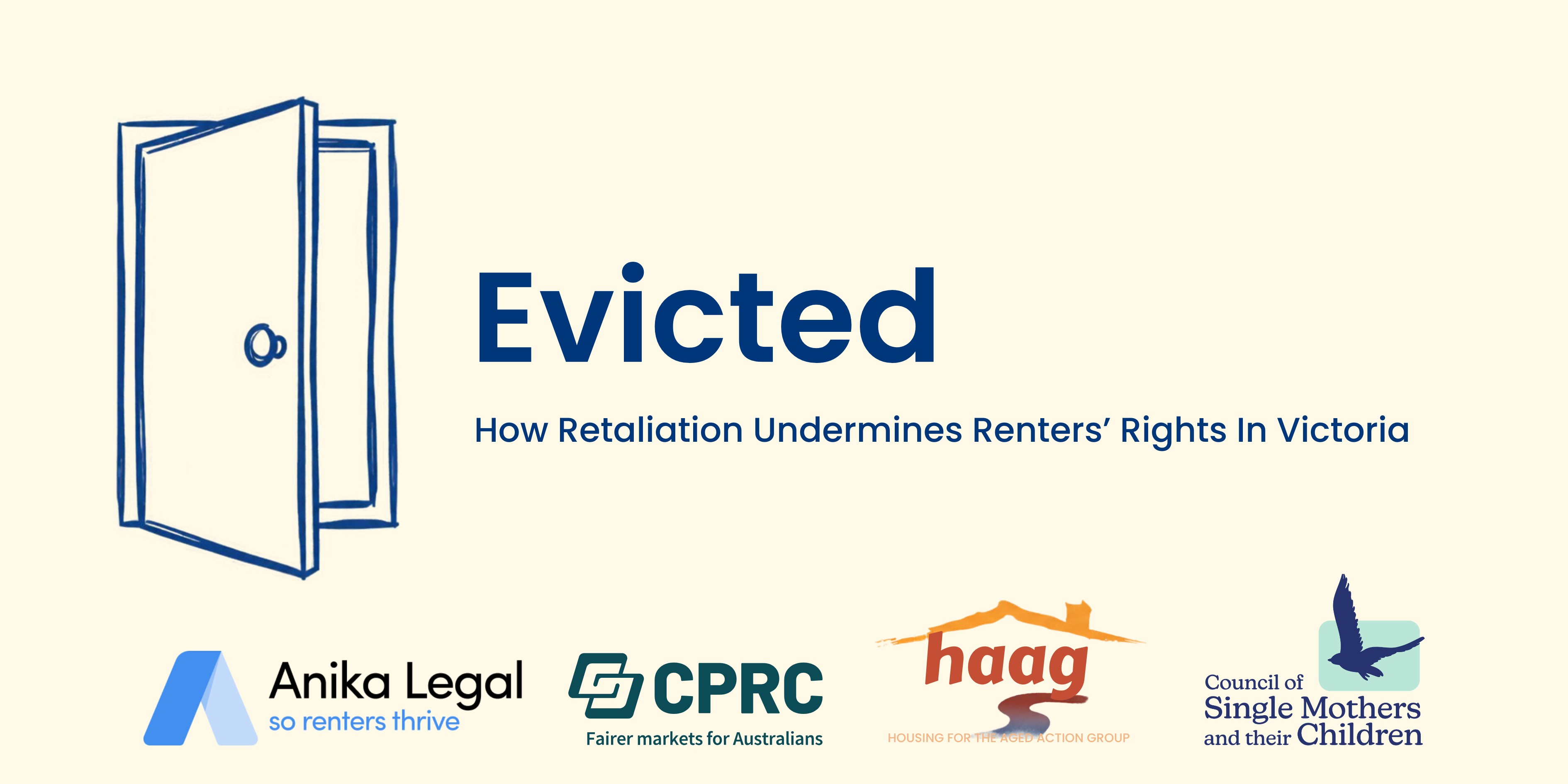A digital banner for Anika Legal's new report featuring a cream background with an illustrated bloor door with the word EVICTED next to it.