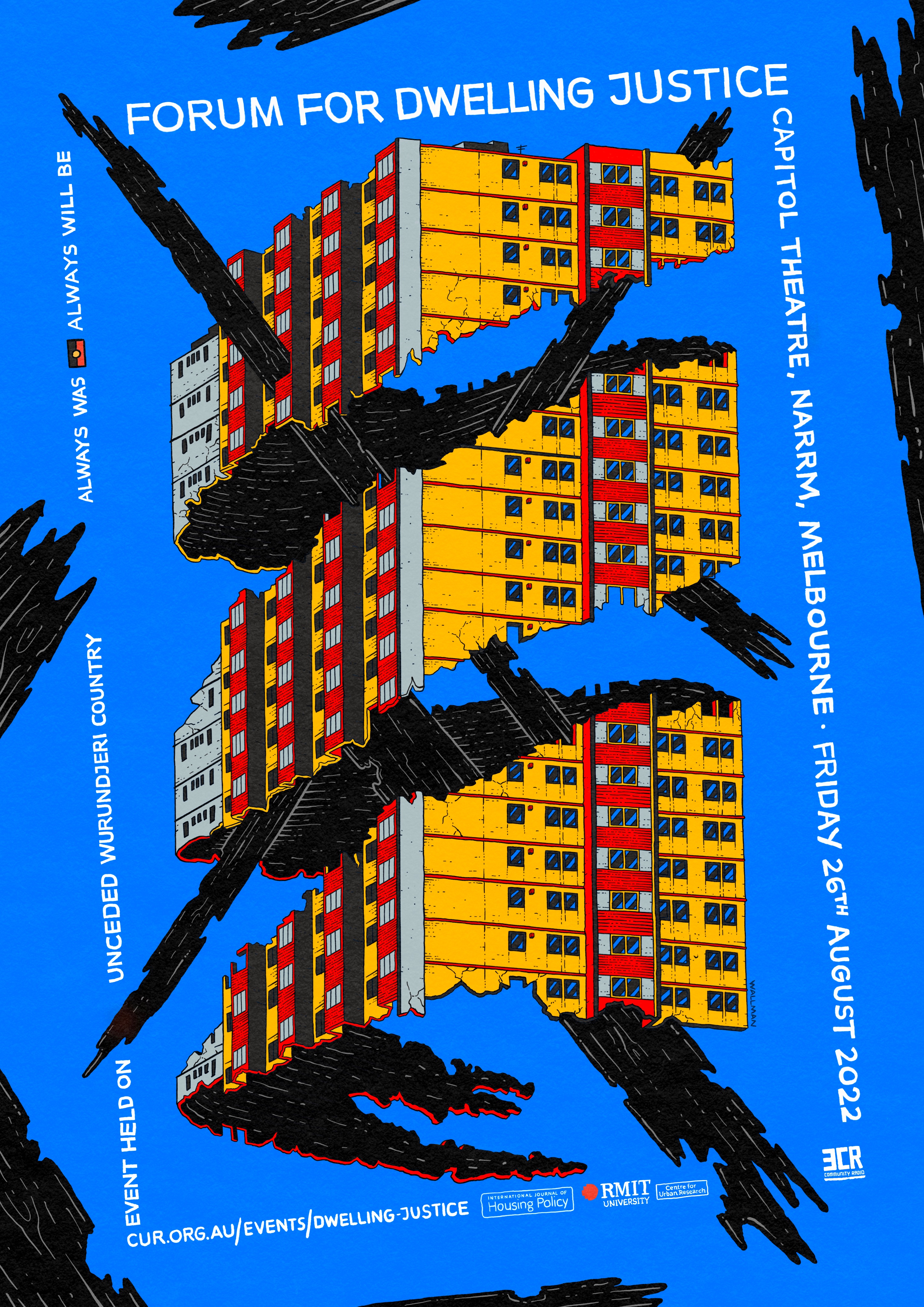 Forum for Dwelling Justice Poster. Bright blue background with red and yellow building in forefront that has been separated