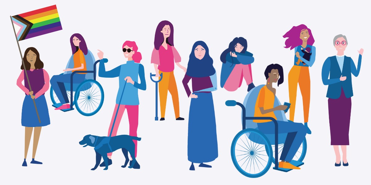 A graphic of 9 women with disabilities of varying ages and ethnicities, two using wheelchairs, one with a guide dog, one with a baby, one using a crutch and one holding an LGBTQIA+ flag.