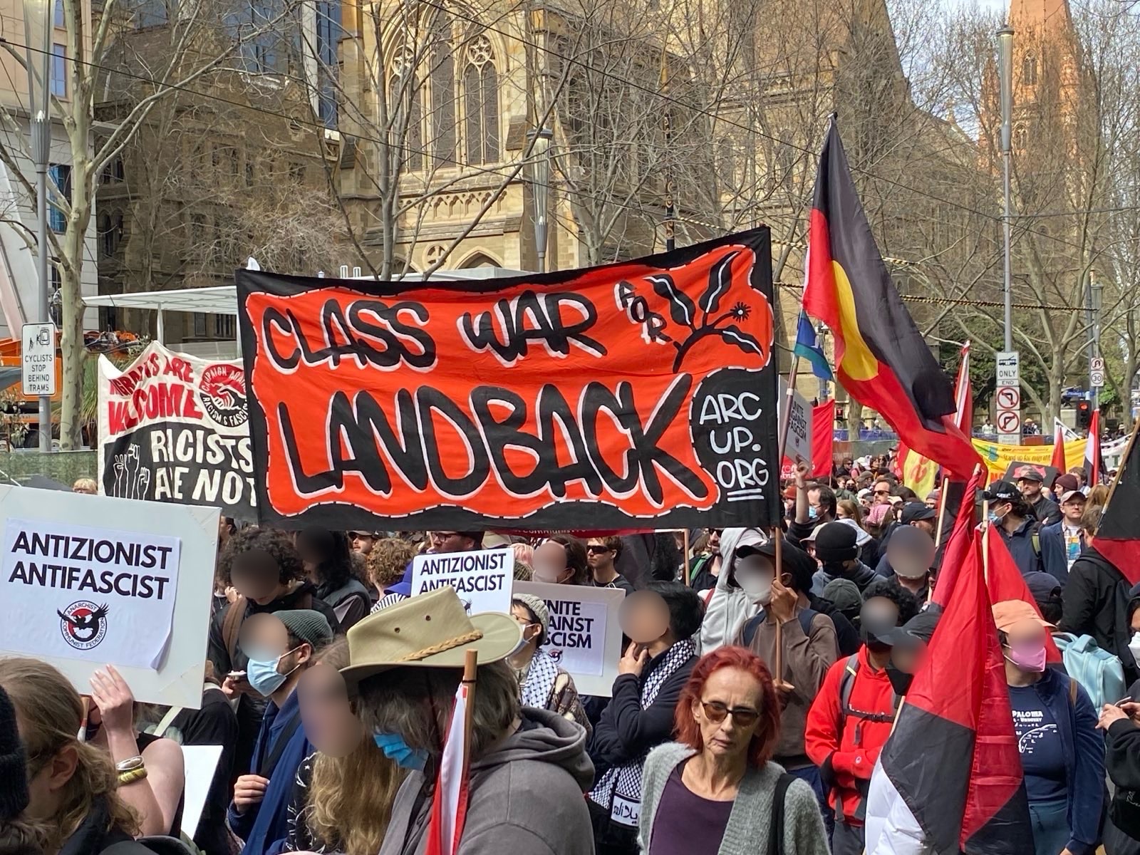 An ARC UP banner at the Sovereignty Never Ceded rally in Naarm, which reads 'Class War Landback'. Credit: ARC UP.