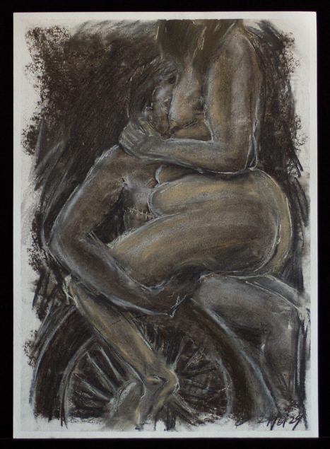 A rough drawing in charcoal of a sex scene of two naked people: a light-brown fat woman with shoulder-length straight hair, straddling her lover over a wheelchair. Her breasts obscure her lover's face, hanging slightly over her rounded belly that presses into them. Her round arse is supported on her lover's bare thighs. She has her hand around the back of her lover's neck. They have muscled arms, one flexed as it reaches beneath her thigh to hold her over them. A golden scar line is visible on their chest.