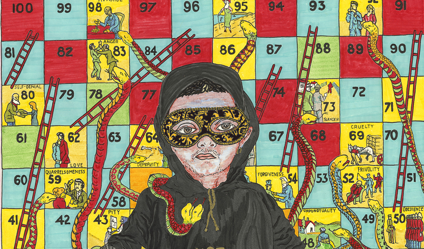 A cropped image of a Bollywood poster style Texta drawing of a light blue and pink toned person wearing a yellow and black patterned mask over their eyes, blue jeans and a black hoodie that reads,'NOT YOUR QTPOC CELEBRITY' in gold. The background is a mid-century snakes and ladders game.