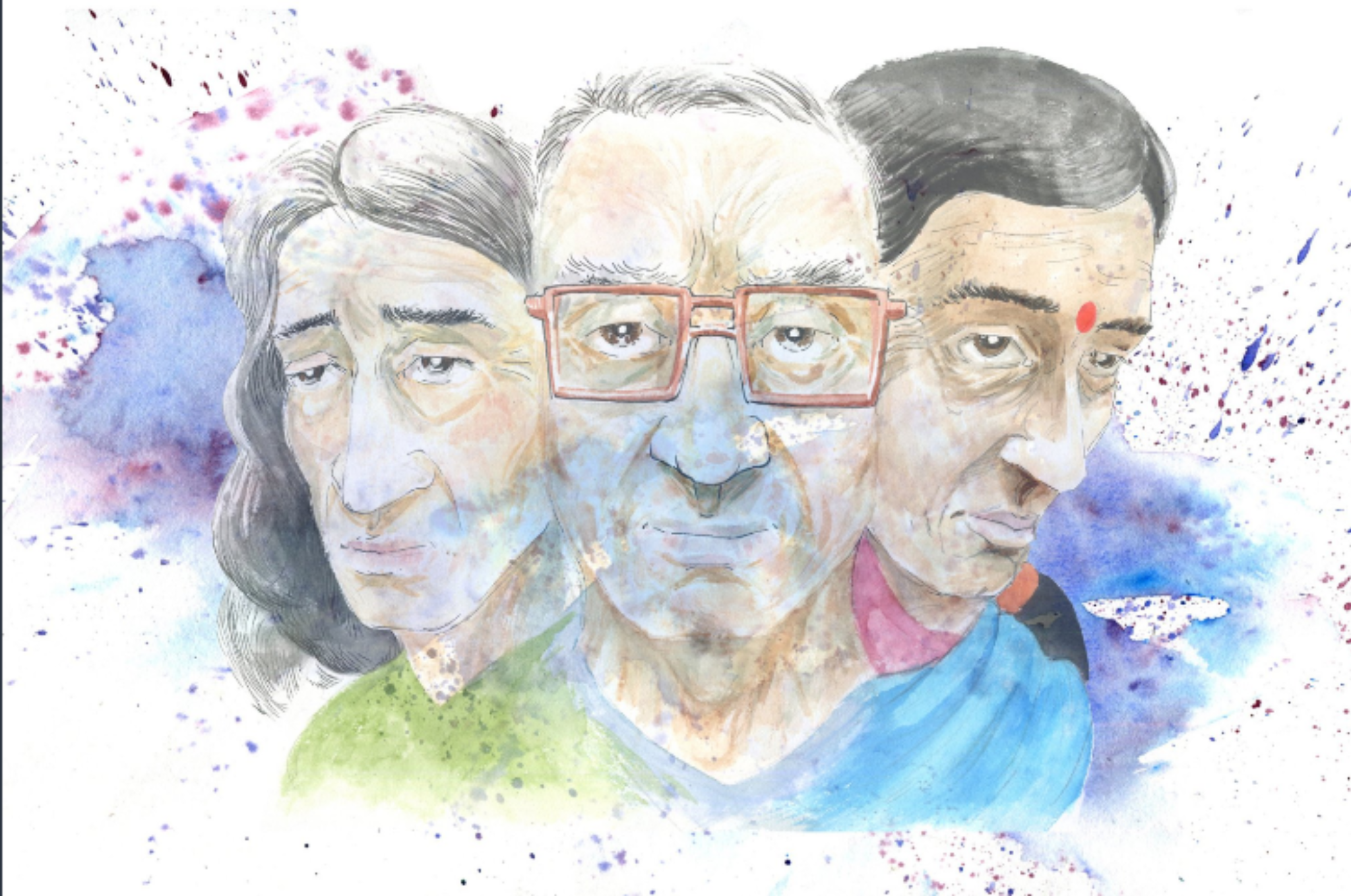 A painting of three older racially diverse people's faces side by side. There are watercolour splatters across the painting.