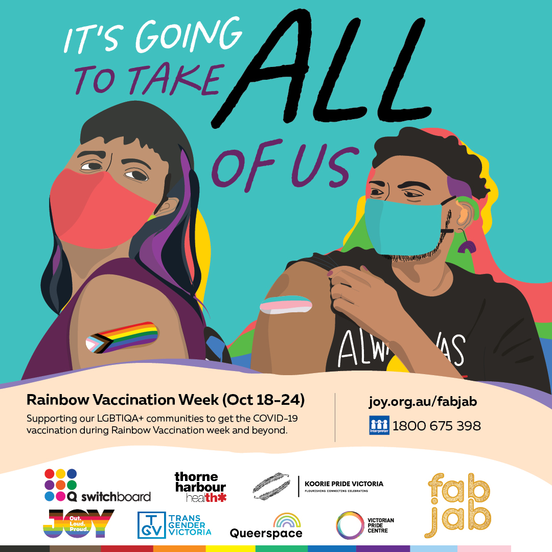 A poster advertising Rainbow Vaccination Week 18-22 October featuring two people with brown skin wearing face masks and with sleeves rolled up to reveal trans and pride flag bandaids showing they have gotten vaccinated. Above their heads are the words 'It's going to take all of us', and details about participating organsations is below.