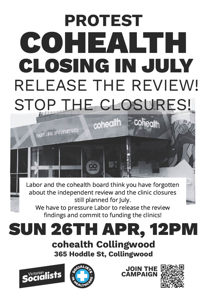 Save cohealth rally poster with details for rally on Sunday 26 April.