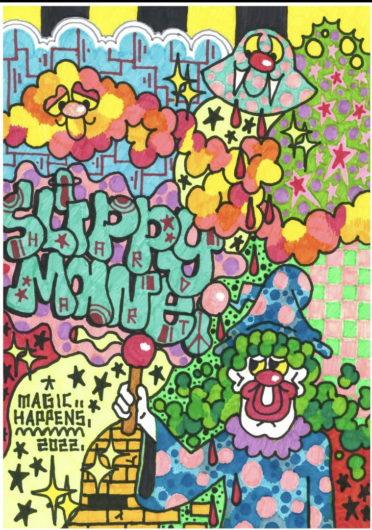 A pen drawing with lots of bright colours and shapes, the words "SLIPPY MANE" in blue and purple bubble writing. 