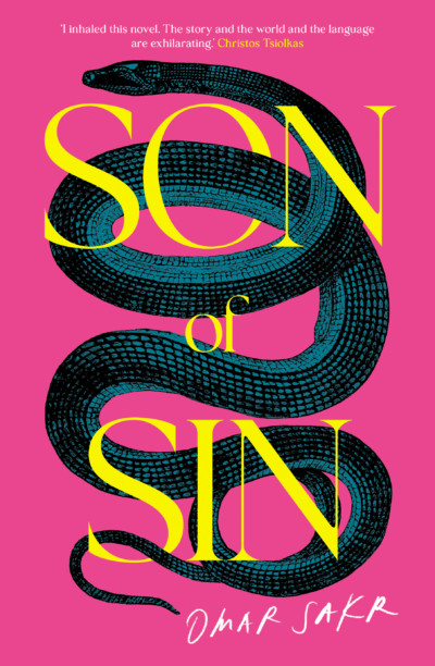 Pink book cover with a snake and yellow text that reads 'Son of Sin' 