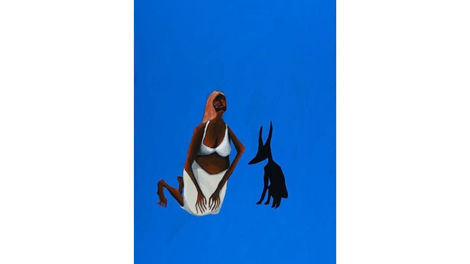 Painting of a woman with dark brown skin wearing a white bra and skirt kneeling next to a ghost dingo, against an ultramarine background.