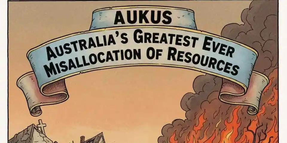 AUKUS illustrated banner reading "AUKUS: AUSTRALIA'S GREATEST EVER MISALLOCATION OF RESOURCES"