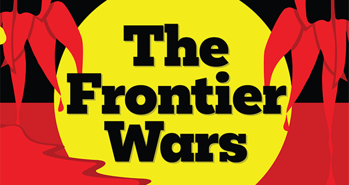 An Aboriginal flag with 'The Frontier Wars' in black text over the yellow centre, with red gum leaves on either side.