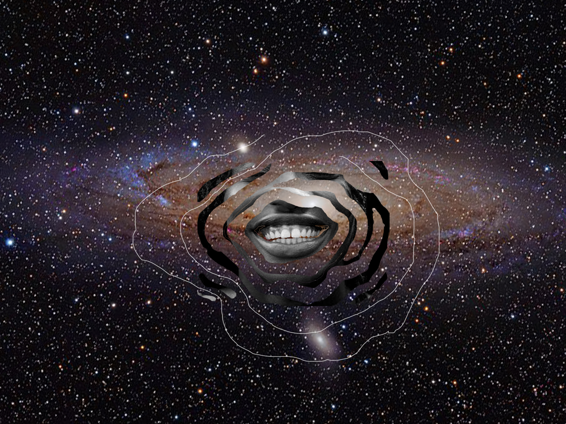 Digital illustration of a galaxy with an overlaid image of a grinning mouth in the centre, by Aïsha Trambas.