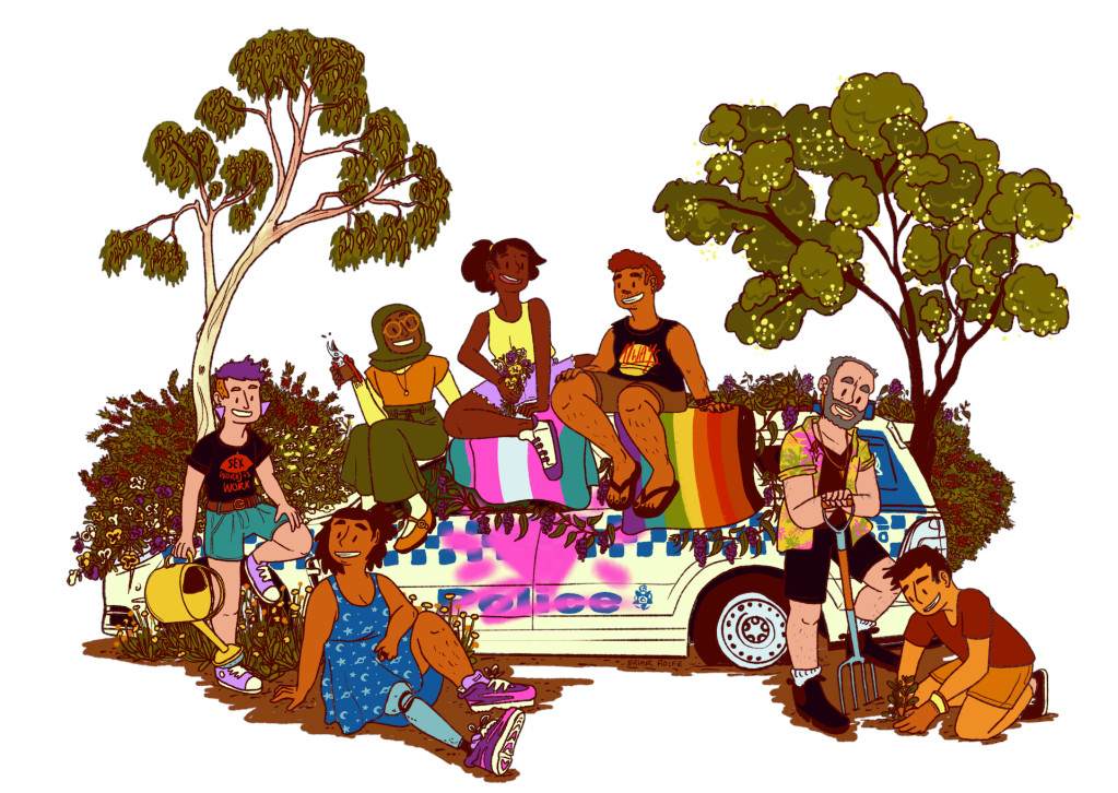 A digital illustration of a diverse group of people outdoors sitting on and relaxing around a graffitied police car which is partially covered by leafy vines. The rainbow and trans flags are draped over the vehicle, and the people in the drawing are all engaged in a variety of gardening activities.