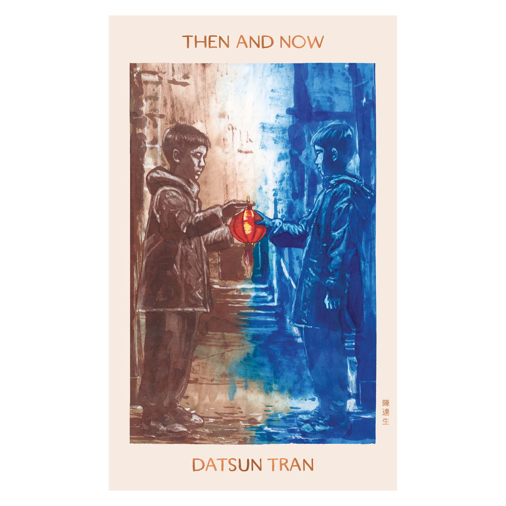 Cover art from Datsun Tran's novel 'Then and Now'. A pigment ink drawing of two children standing face to face with a red lantern held between them. 